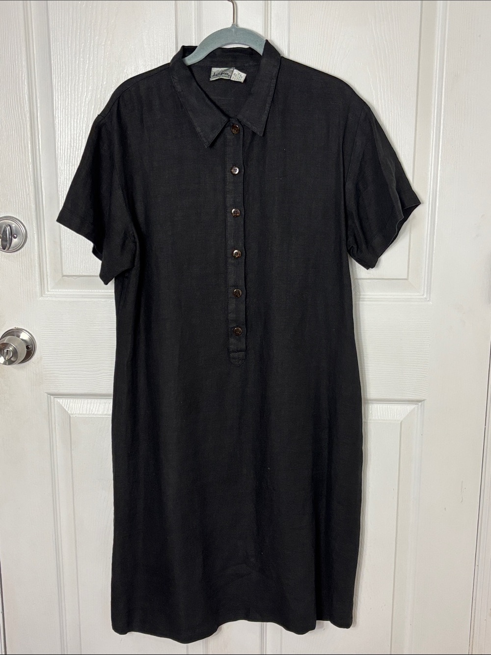 Kiko Black Linen Button-Front Midi Collar Shirt Dress size medium all black